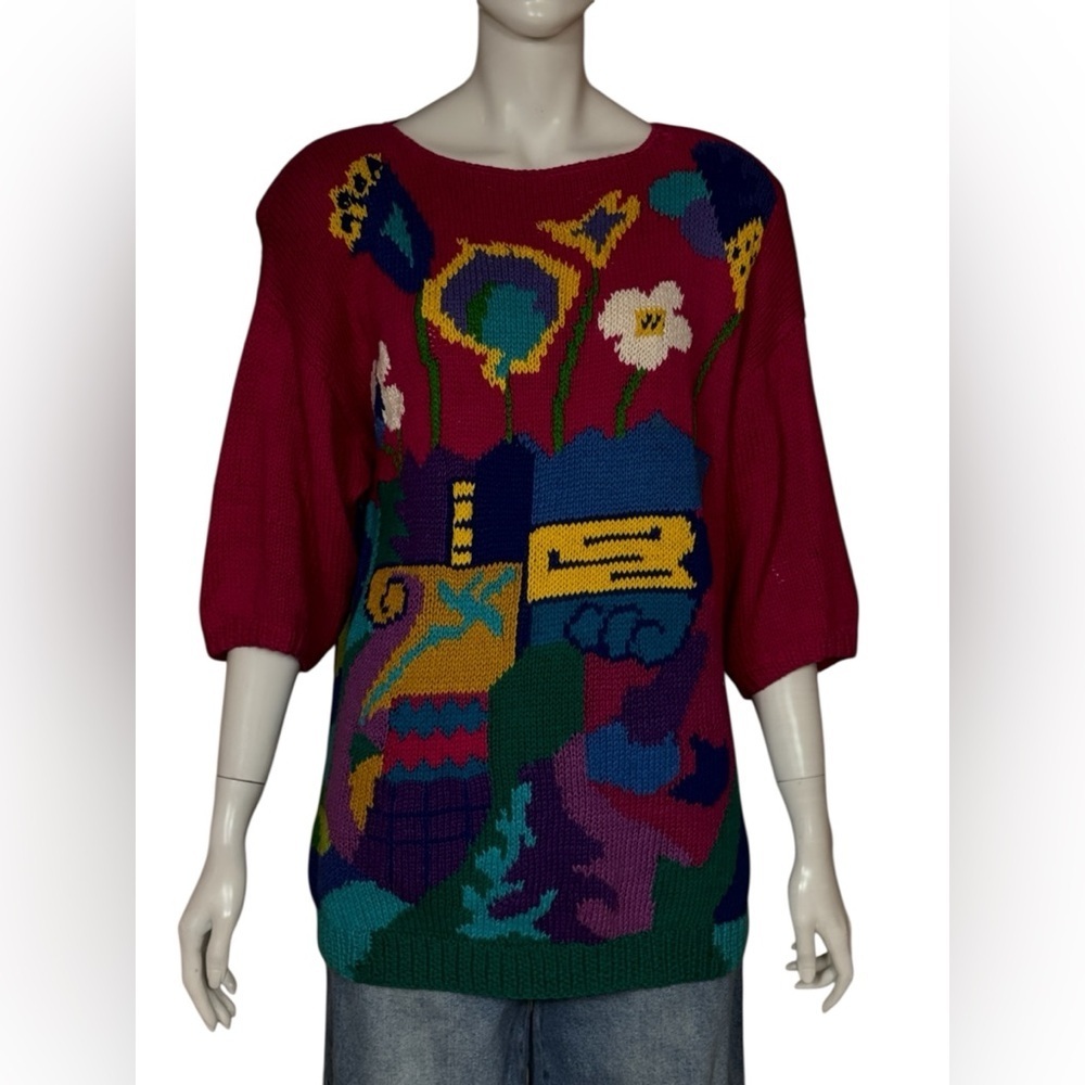 Jennifer Reed Knitted By Hand Womens Size M Multicolor Floeal Print Sweater